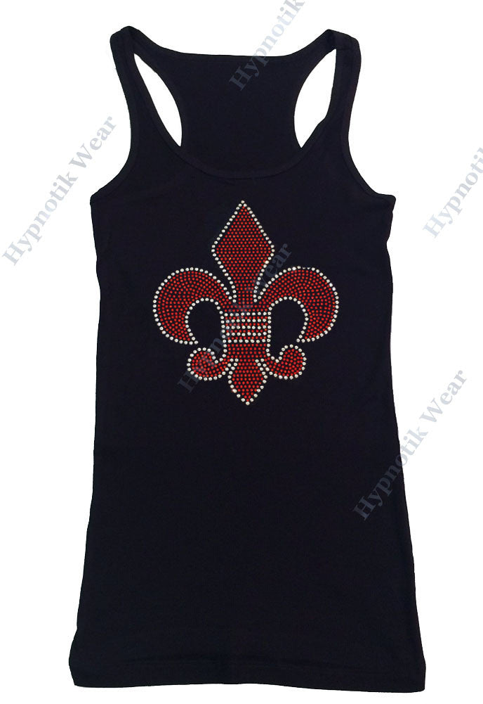 Womens T-shirt with Red Fleur de lis in Rhinestuds
