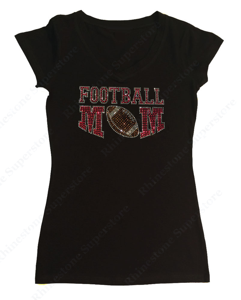 Womens T-shirt with Red Football Mom in Rhinestones