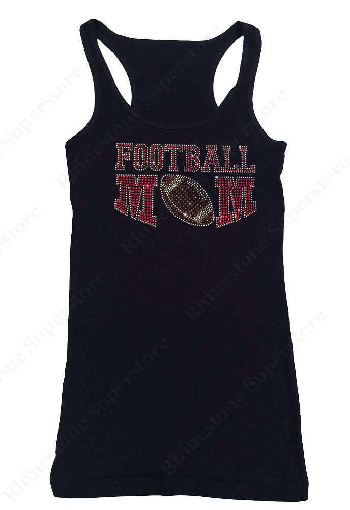 Womens T-shirt with Red Football Mom in Rhinestones