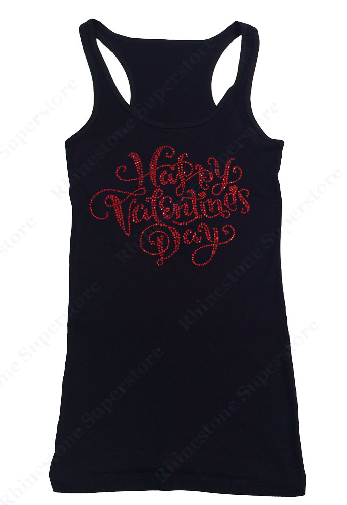 Womens T-shirt with Red Happy Valentines Day in Rhinestones