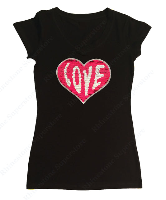 Womens T-shirt with Red Love Heart in 2 Sided Color Sequence