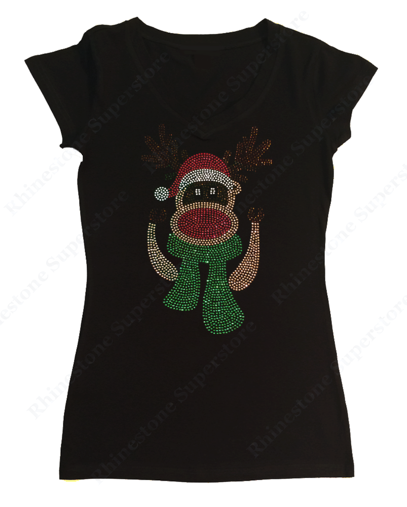 Womens T-shirt with Red Nosed Reindeer with Scarf in Rhinestones
