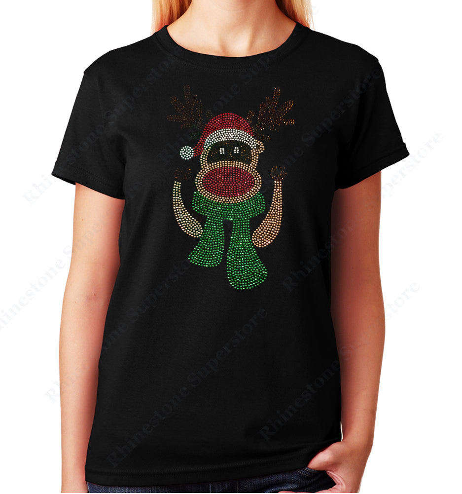 Tee Shirt with Red Nosed Reindeer with Scarf in Rhinestones