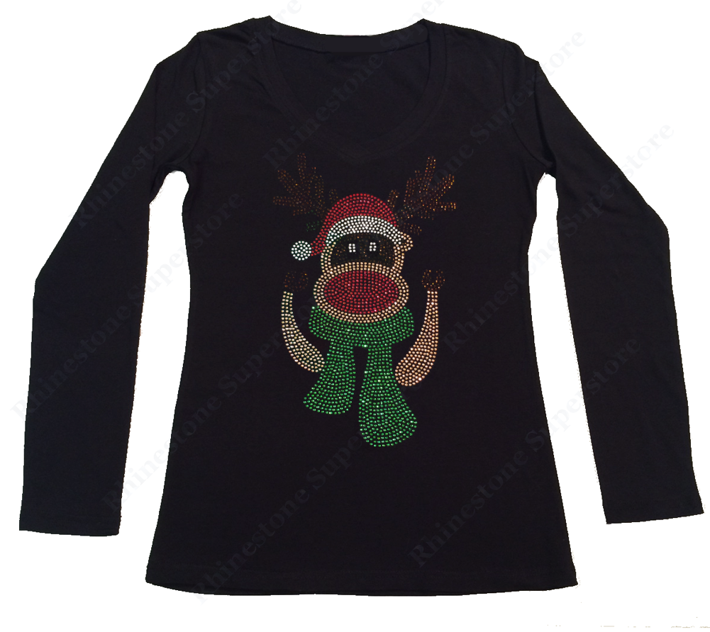 Womens T-shirt with Red Nosed Reindeer with Scarf in Rhinestones