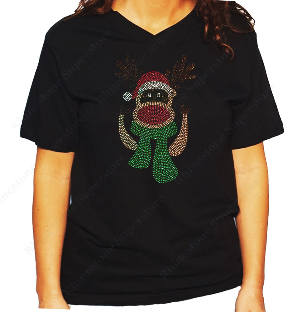 Women's / Unisex T-Shirt with Red Nosed Reindeer with Scarf in Rhinestones