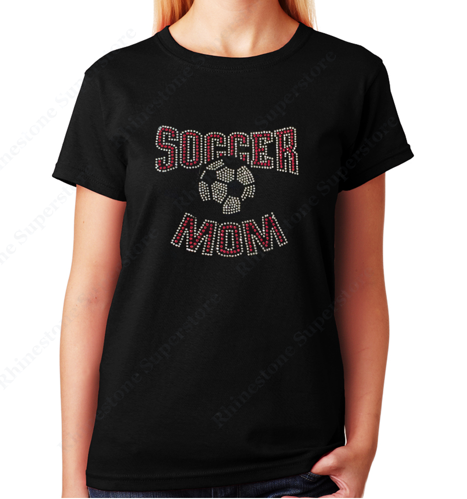 Women Unisex T-Shirt with Red Soccer Mom in Rhinestones Crew Neck