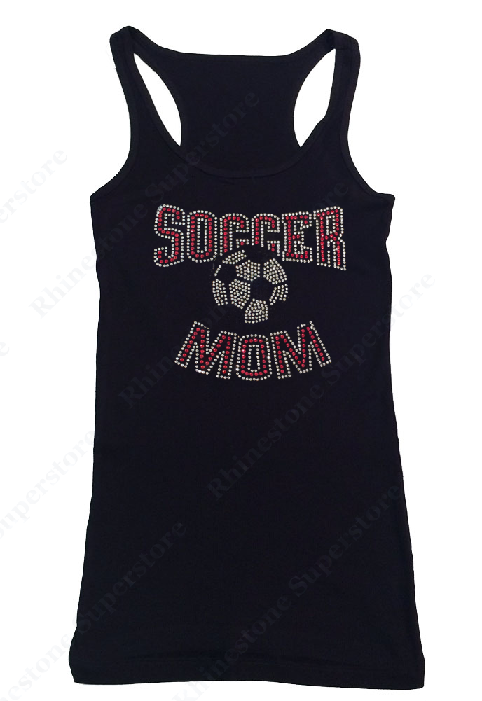 Womens T-shirt with Red Soccer Mom in Rhinestones
