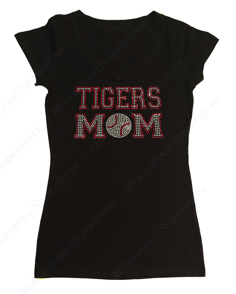 Womens T-shirt with Red Tigers Mom in Rhinestones