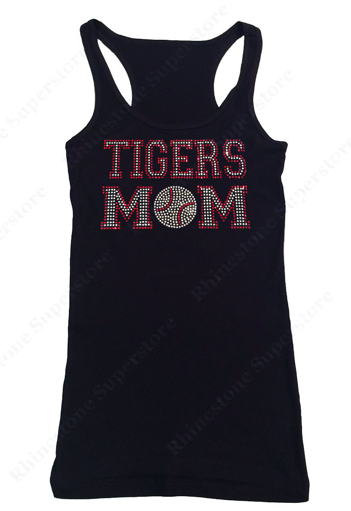 Womens T-shirt with Red Tigers Mom in Rhinestones