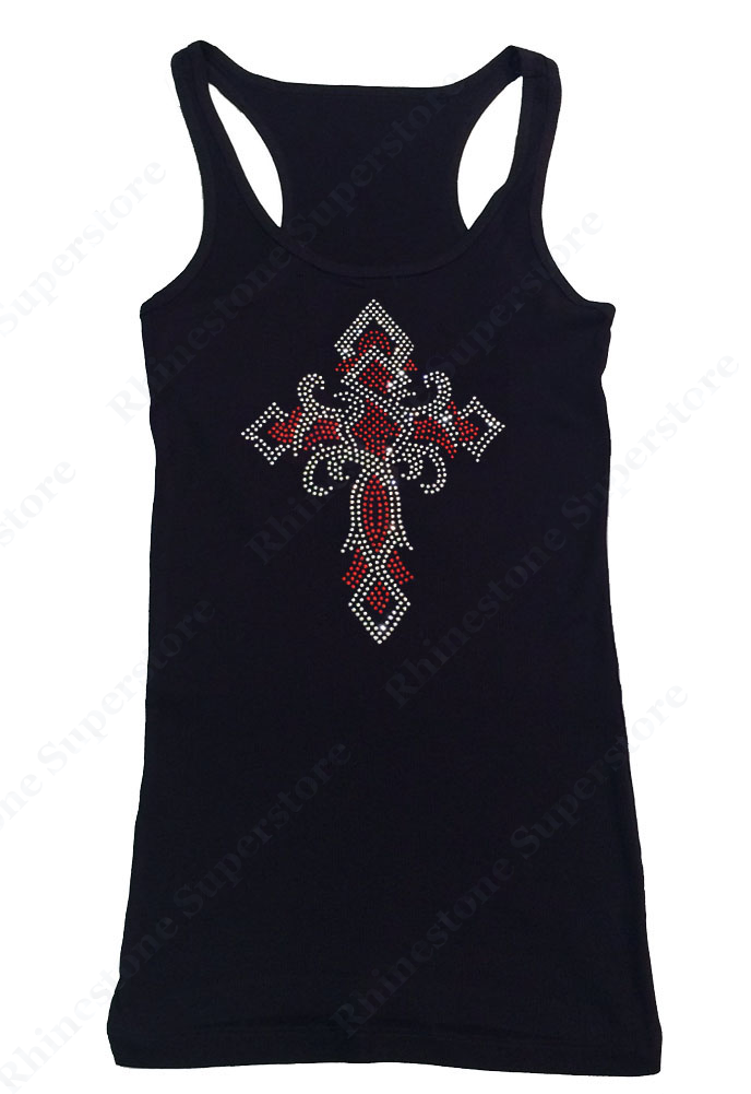 Womens T-shirt with Red Twisted Cross in Rhinestones