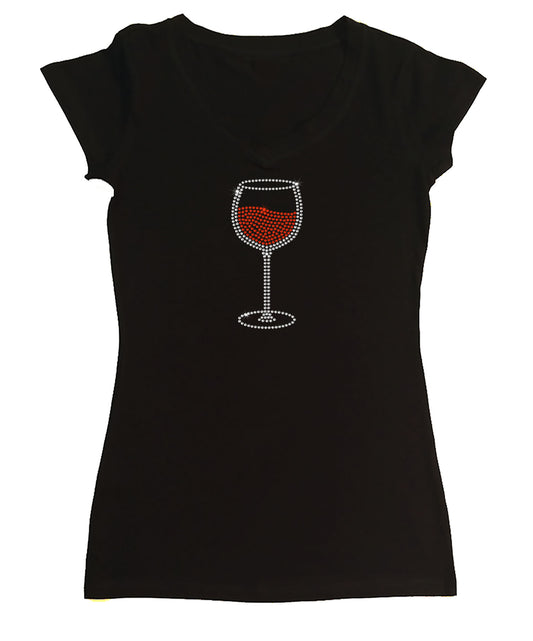 Womens T-shirt with Red Wine Glass in Rhinestones