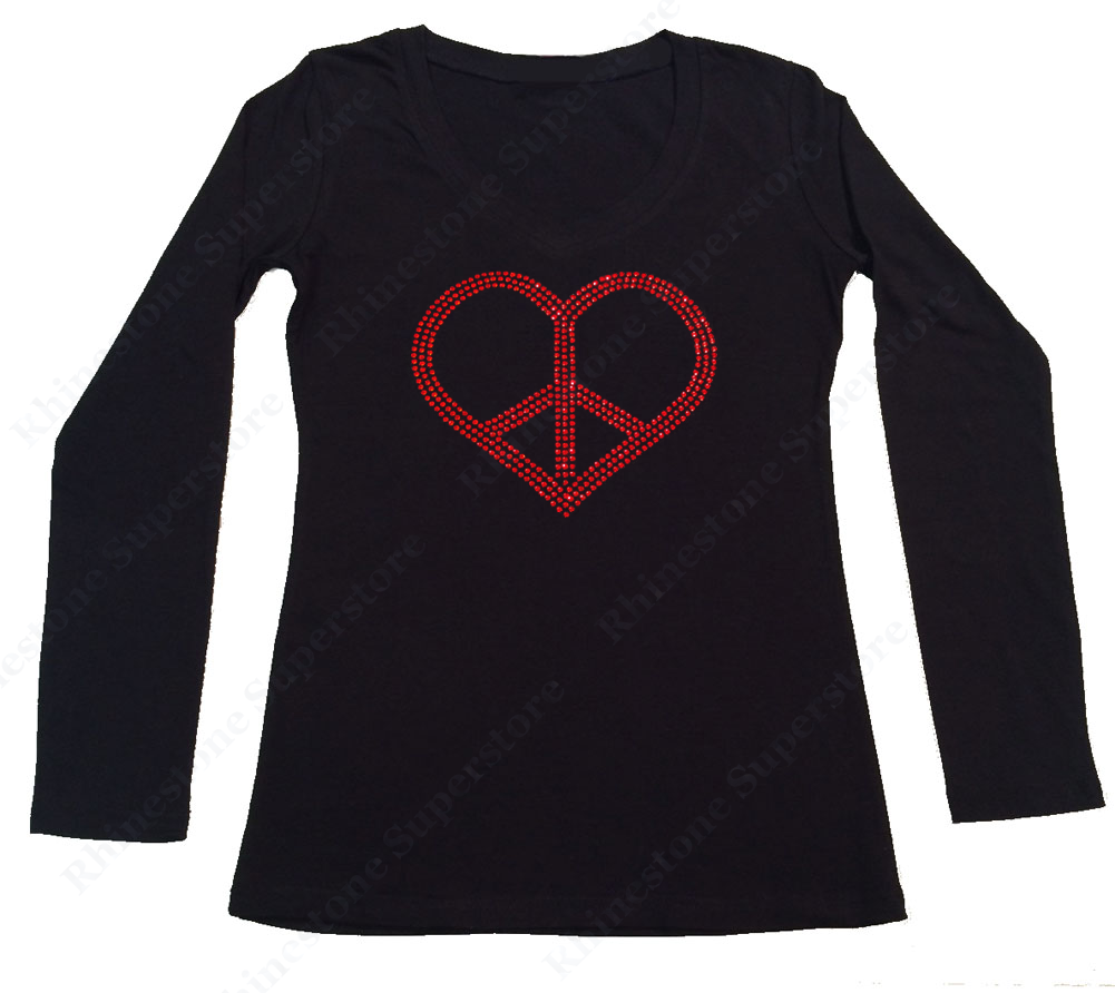 Womens T-shirt with Red Peace Heart in Rhinestones