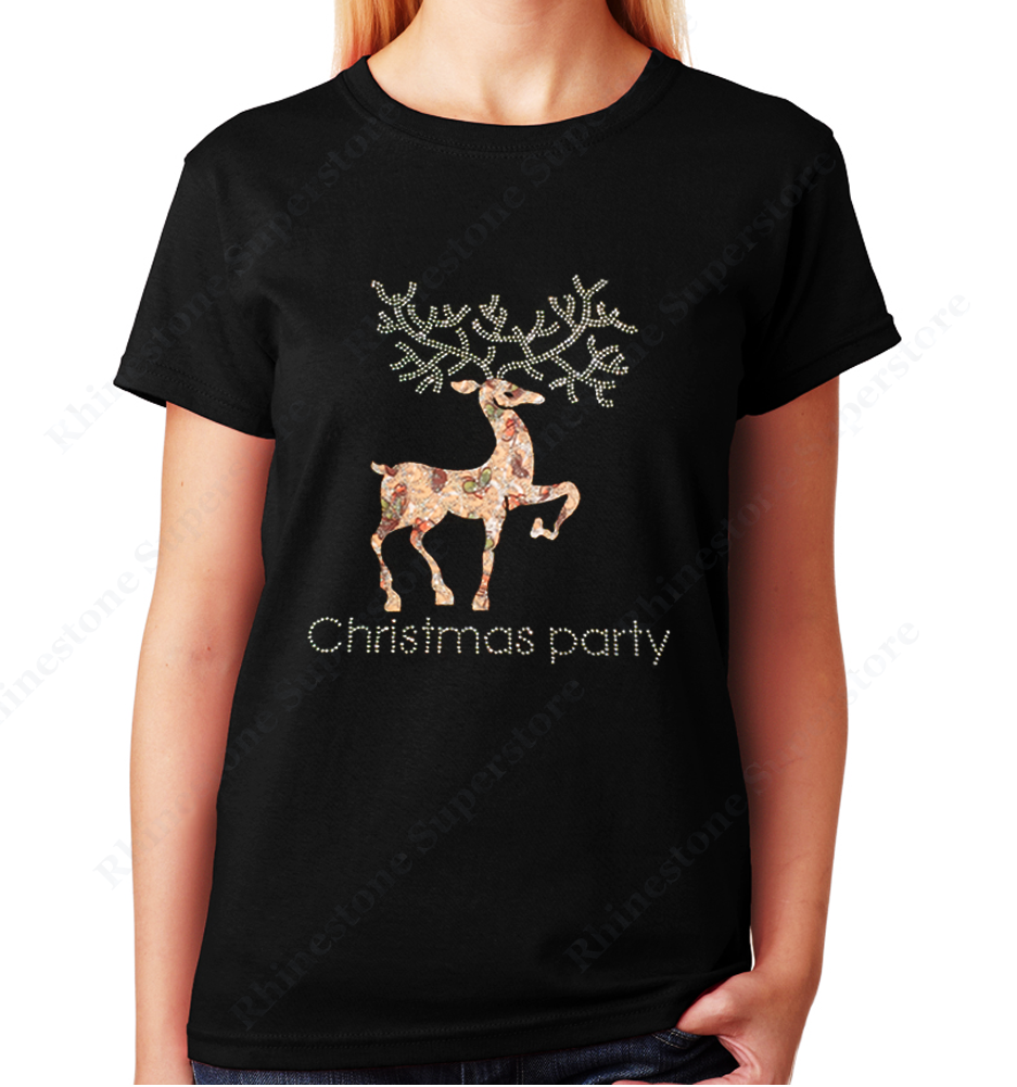 Women Unisex T-Shirt with Reindeer Christmas Party in Rhinestones Crew Neck
