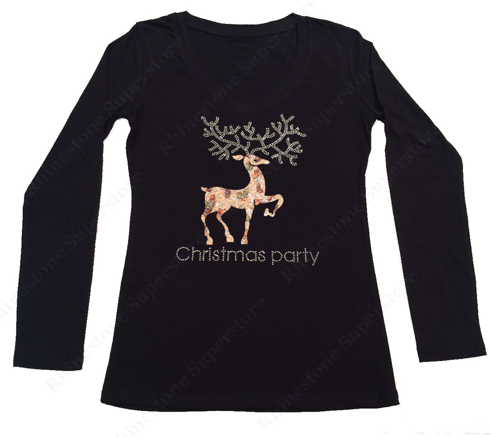 Womens T-shirt with Reindeer Christmas Party in Rhinestones and Material