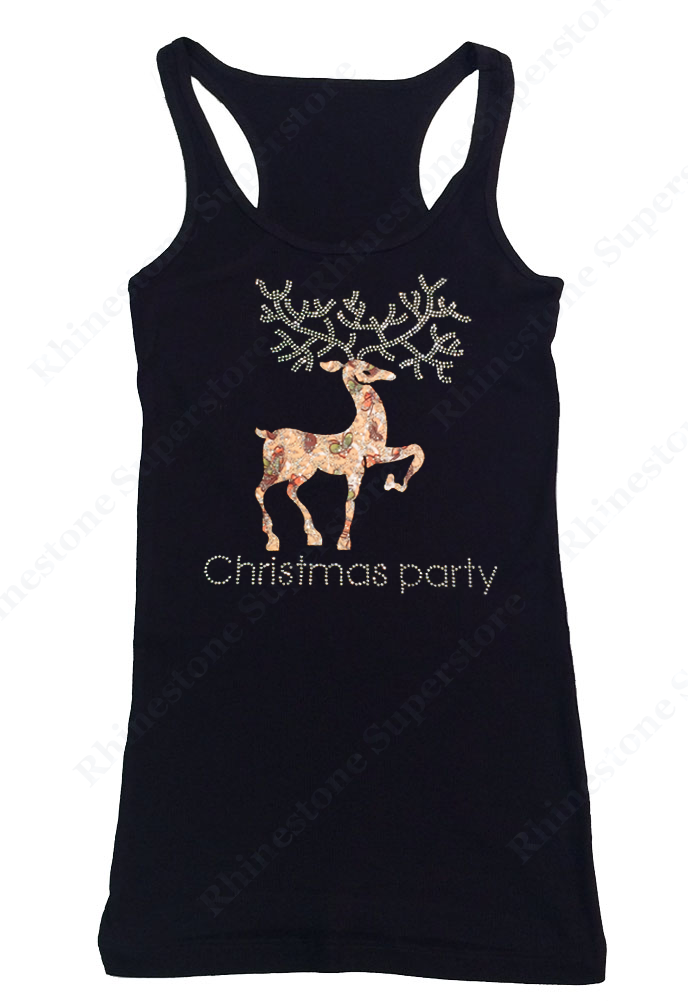 Womens T-shirt with Reindeer Christmas Party in Rhinestones and Material