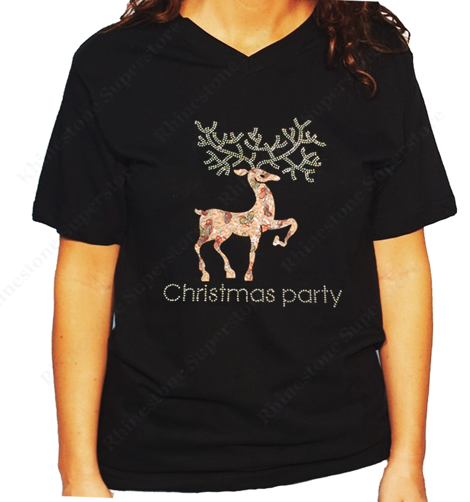 Women Unisex T-Shirt with Reindeer Christmas Party in Rhinestones V Neck