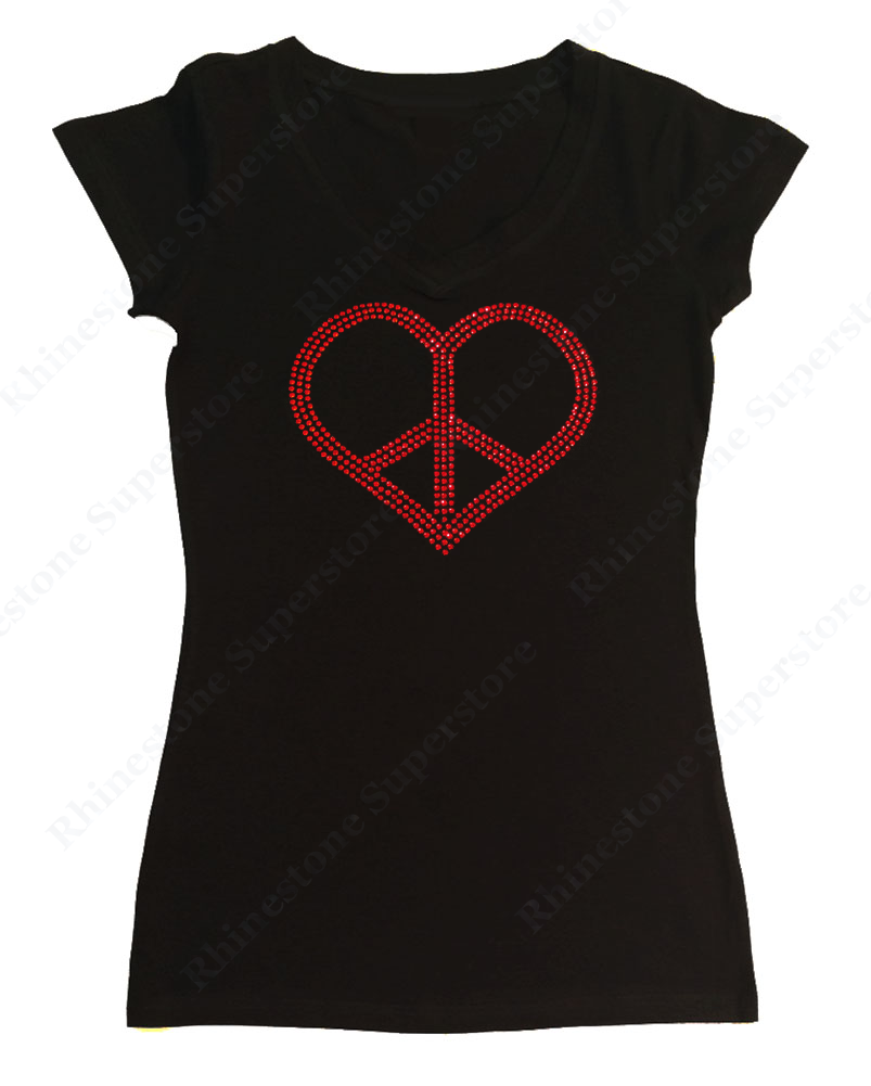 Womens T-shirt with Red Peace Heart in Rhinestones