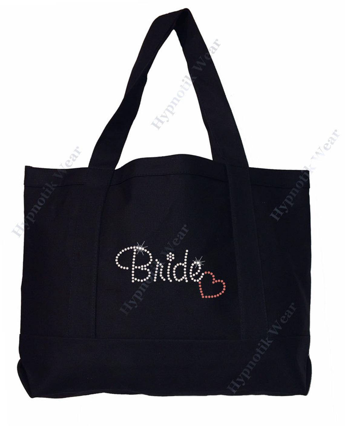 Rhinestone Sturdy Tote Bag with Zipper & Front Pocket " Bride with Heart" Honey Moon Bling