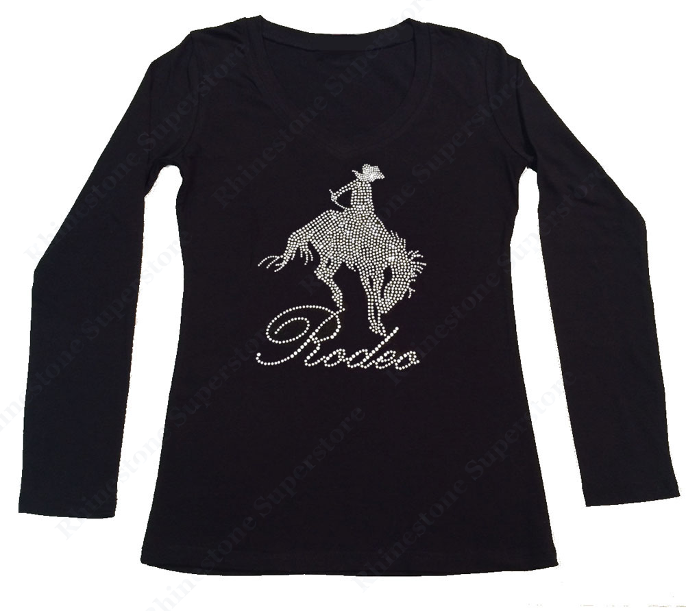 Womens T-shirt with Rodeo Cowgirl in Rhinestones