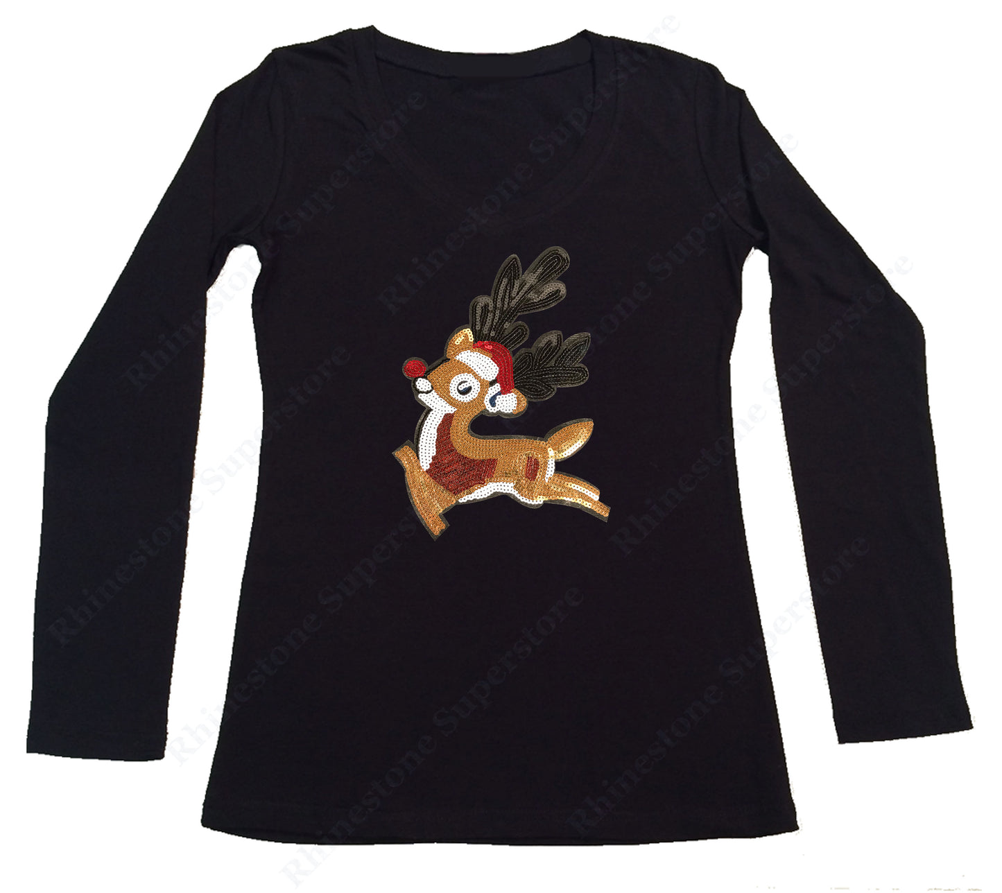 Womens T-shirt with Rudolph The Red Nose Reindeer in Sequence