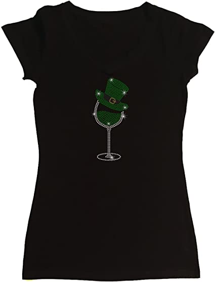 Women's Rhinestone Fitted Tight Snug Saint Patty's Day Shirt, Green Wine Glass, St. Patrick's Day