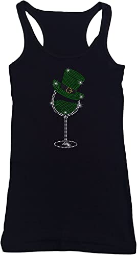 Women's Rhinestone Fitted Tight Snug Saint Patty's Day Shirt, Green Wine Glass, St. Patrick's Day