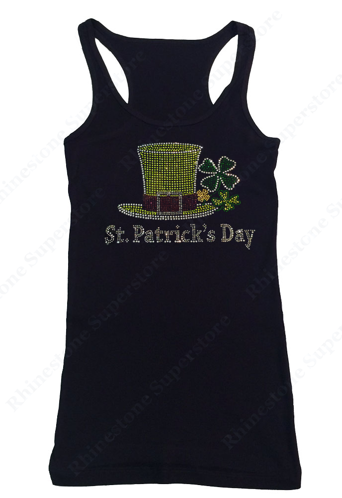 Womens T-shirt with Saint Patrick's Day Top Hat with Clover Leaves in Rhinestones
