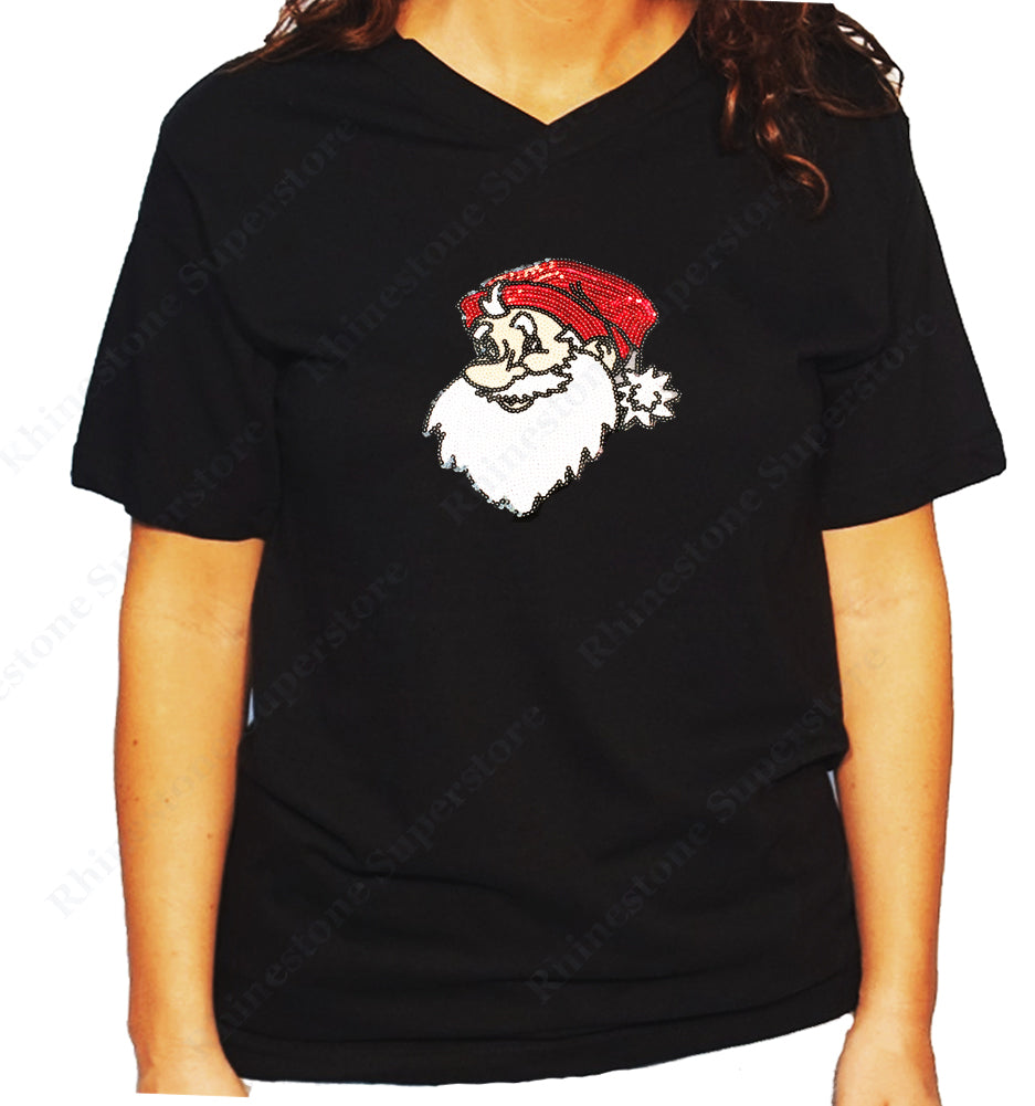 Unisex V Neck T-Shirt with Santa in Sequence