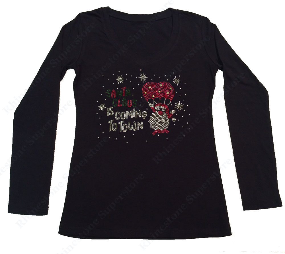 Womens T-shirt with Santa Claus Is Coming to Town in Rhinestones