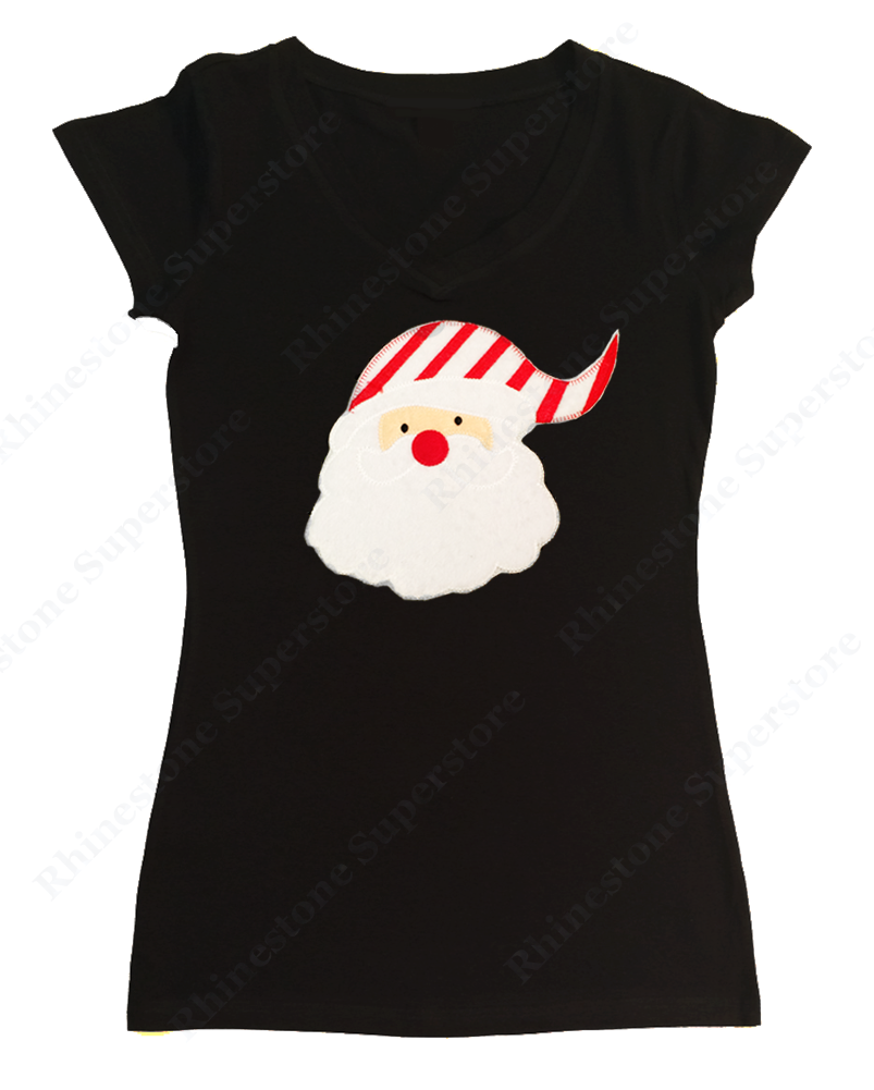 Womens T-shirt with Santa with Candy Cane Hat in Puff Material Patch