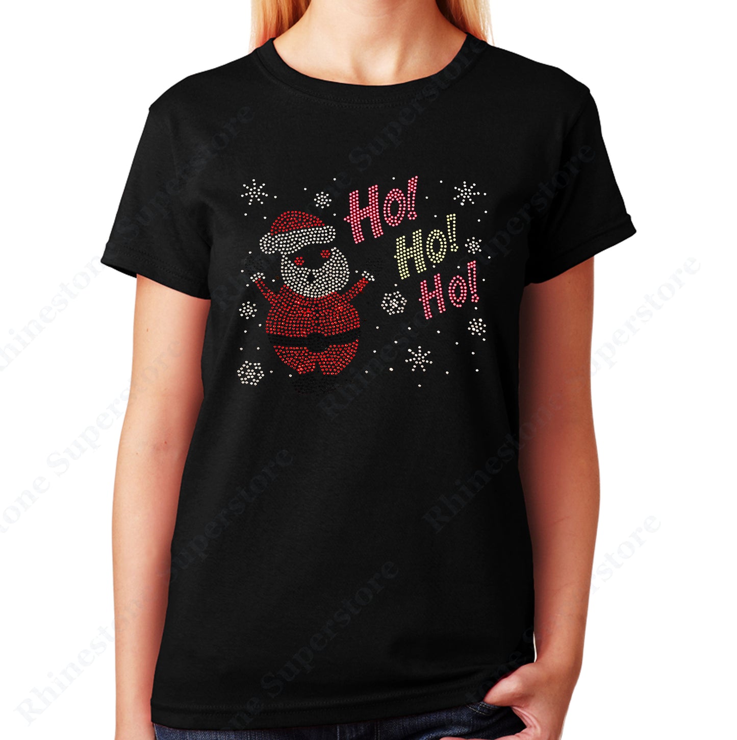 Unisex T-Shirt with Santa with Ho Ho Ho in Rhinestones