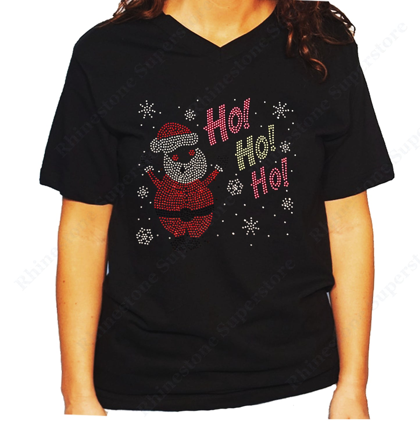 Women's / Unisex T-Shirt with Santa with Ho Ho Ho in Rhinestones