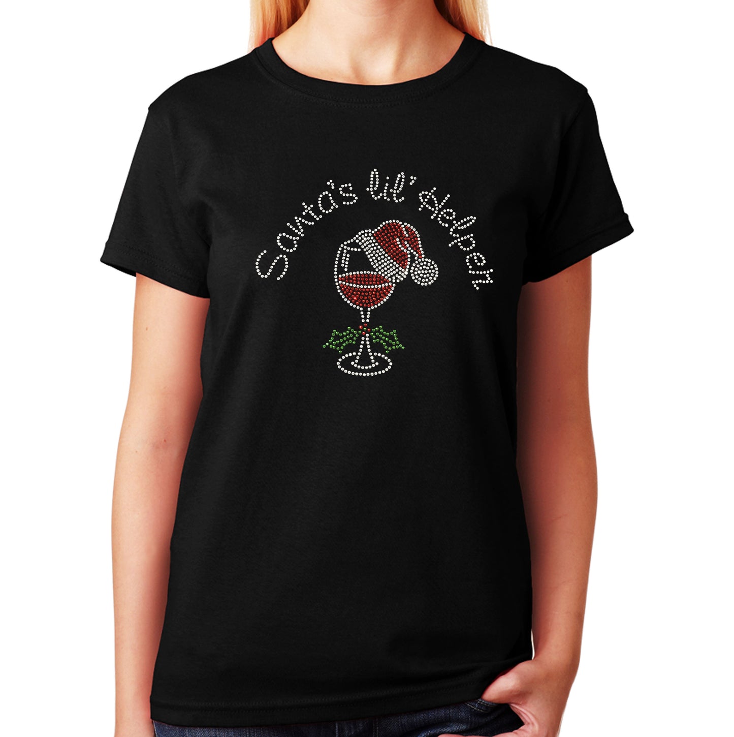 Women's / Unisex T-Shirt with Santas lil Helper with Wine Cup and Santa Hat in Rhinestones