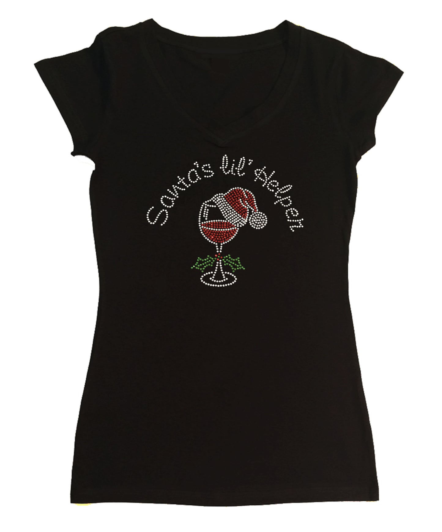 Womens T-shirt with Santas lil Helper with Wine Cup and Santa Hat in Rhinestones