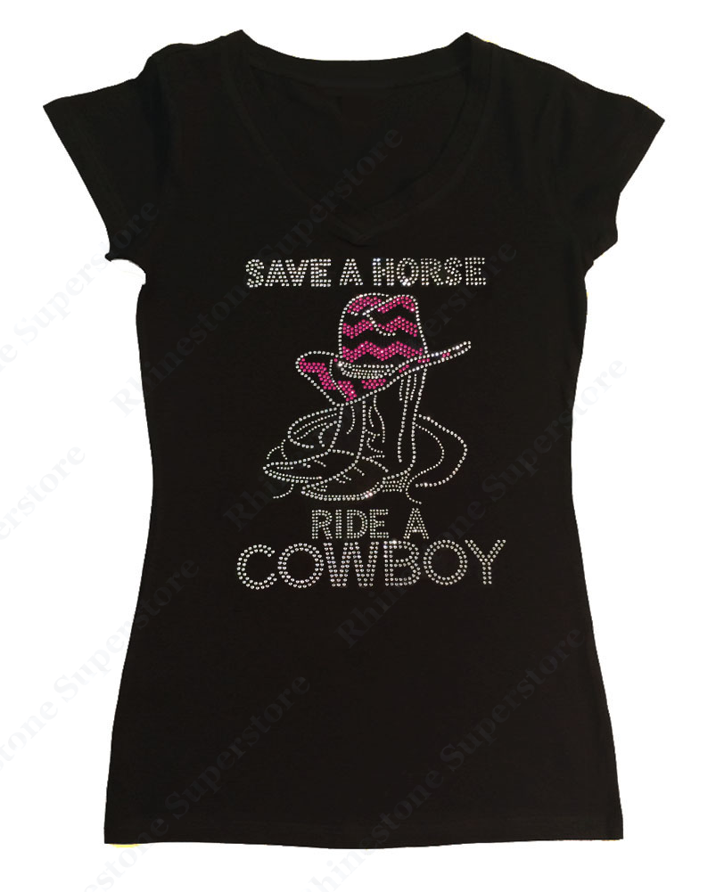 Womens T-shirt with Save a Horse Ride a Cowboy in Rhinestones
