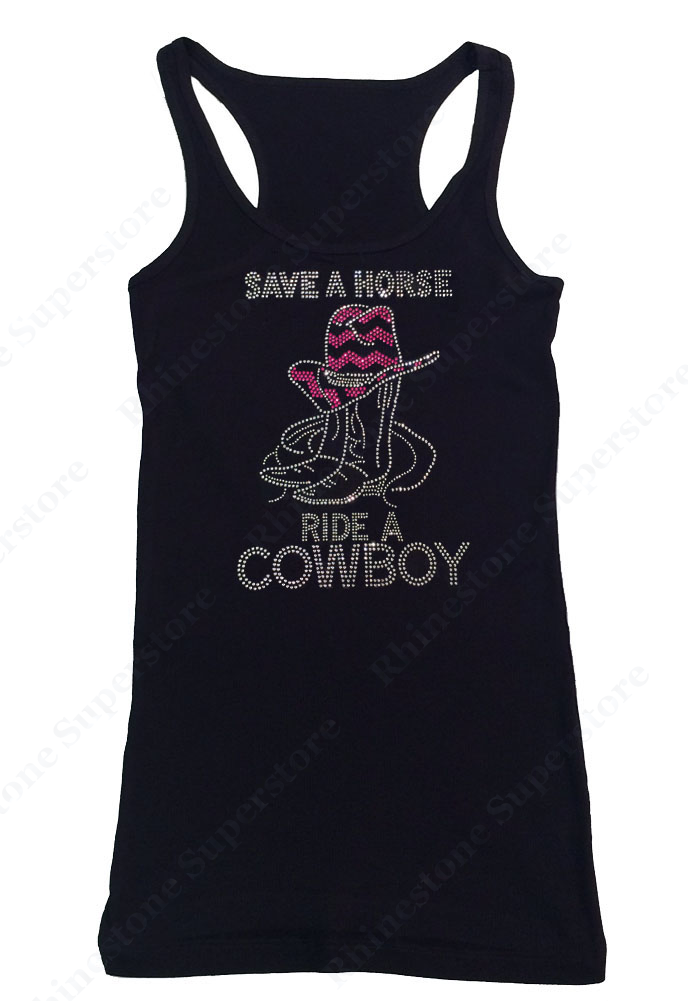 Womens T-shirt with Save a Horse Ride a Cowboy in Rhinestones