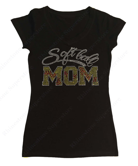 Womens T-shirt with Script Softball Mom in Rhinestones