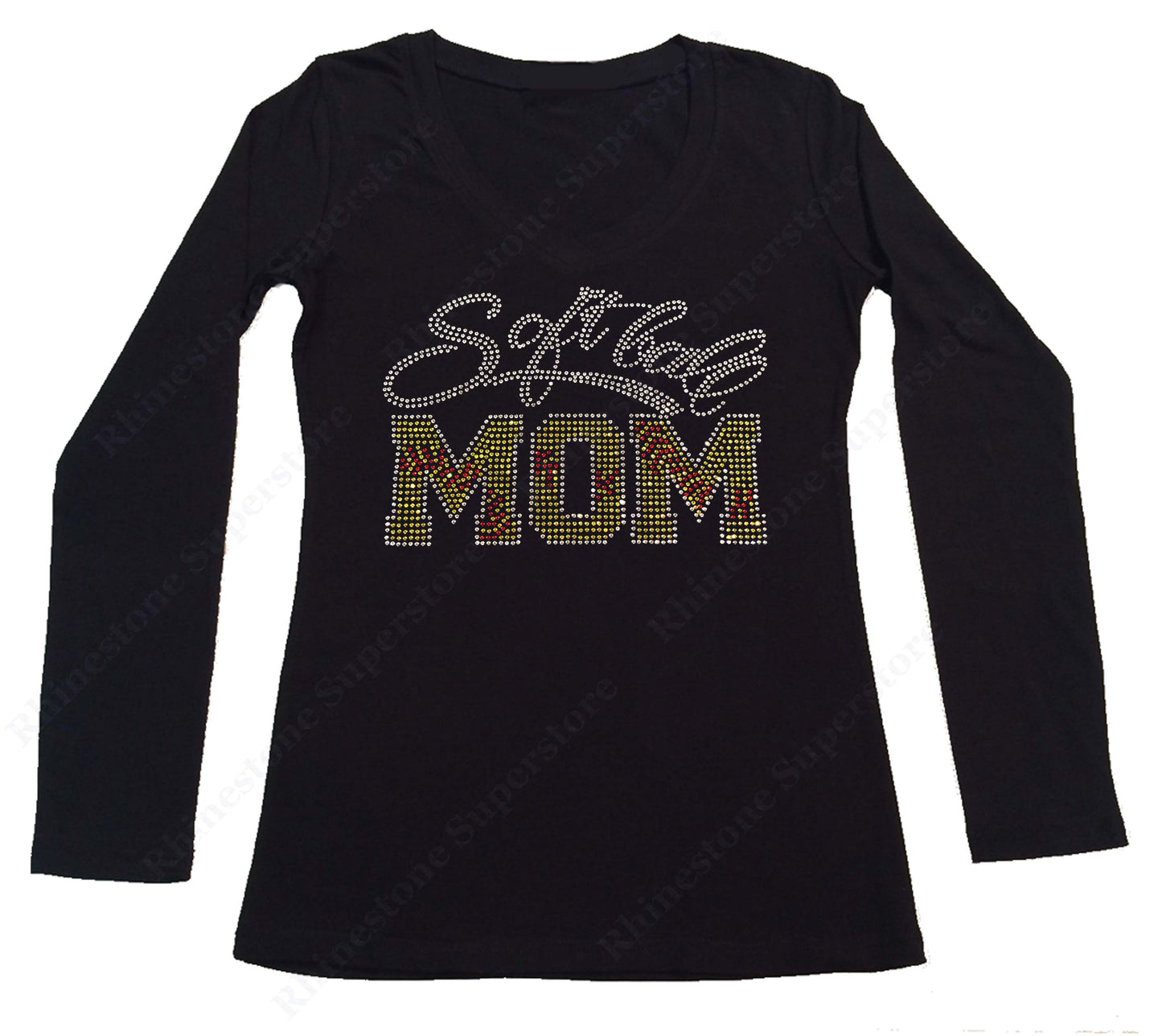 Womens T-shirt with Script Softball Mom in Rhinestones