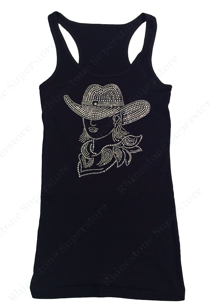 Womens T-shirt with Sexy Cowgirl with Hat in Rhinestones