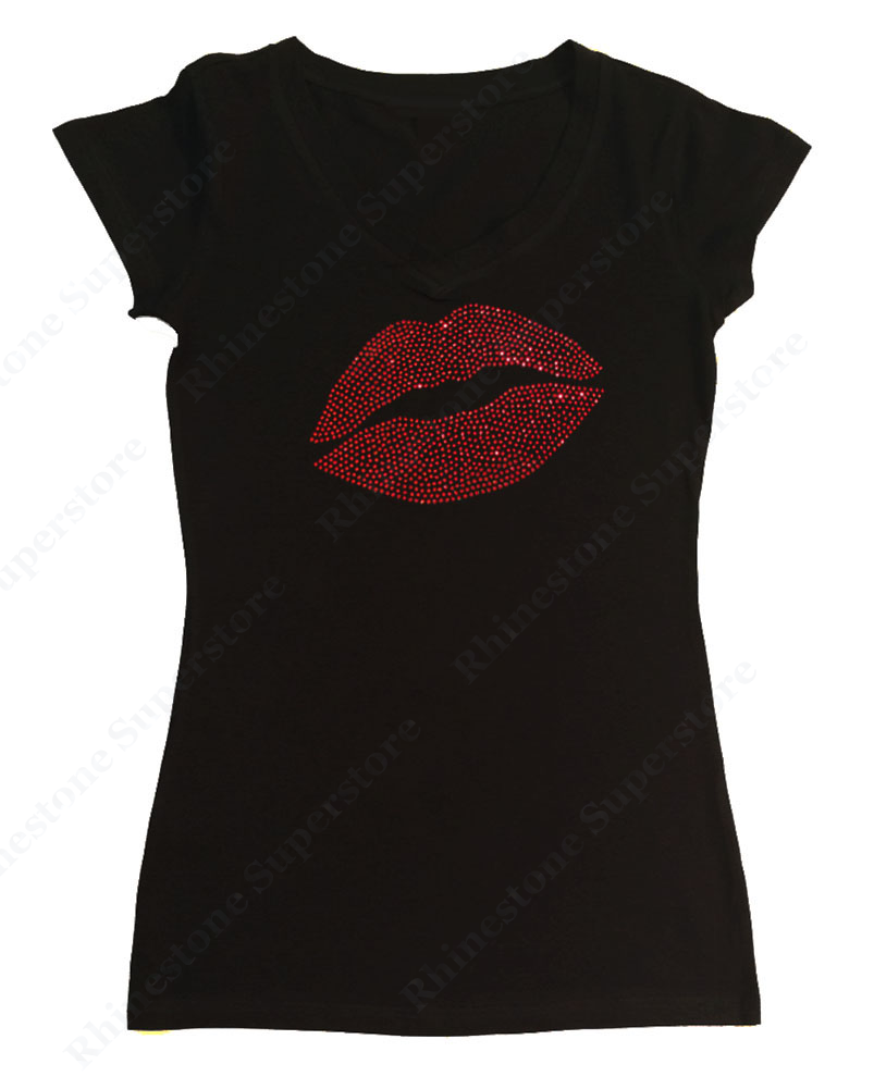 Womens T-shirt with Sexy Red Lips in Rhinestones