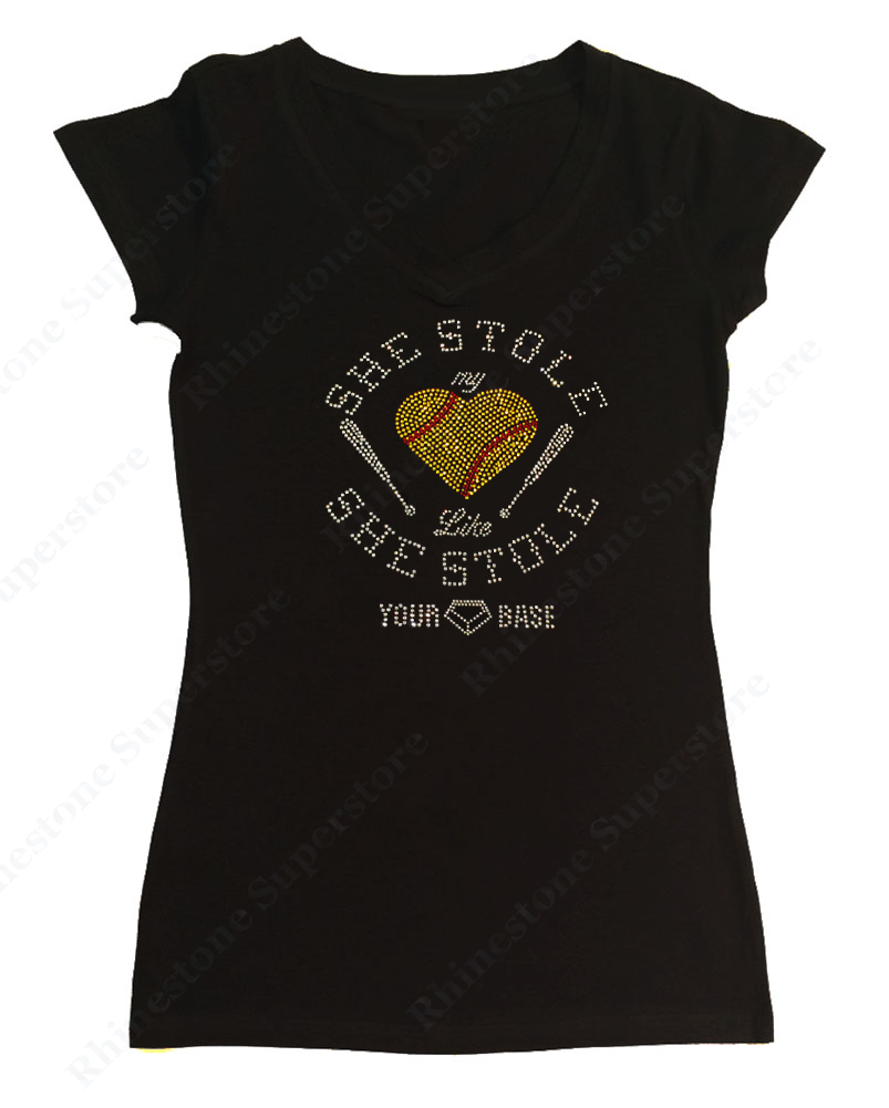 Womens T-shirt with She Stole My Softball Heart Like She Stole Your Base in Rhinestones