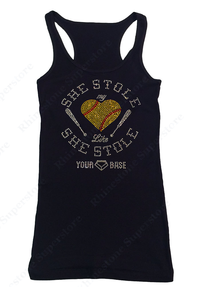 Womens T-shirt with She Stole My Softball Heart Like She Stole Your Base in Rhinestones