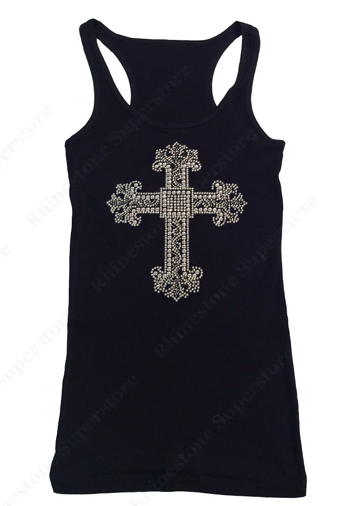 Womens T-shirt with Silver Cross in Rhinestuds