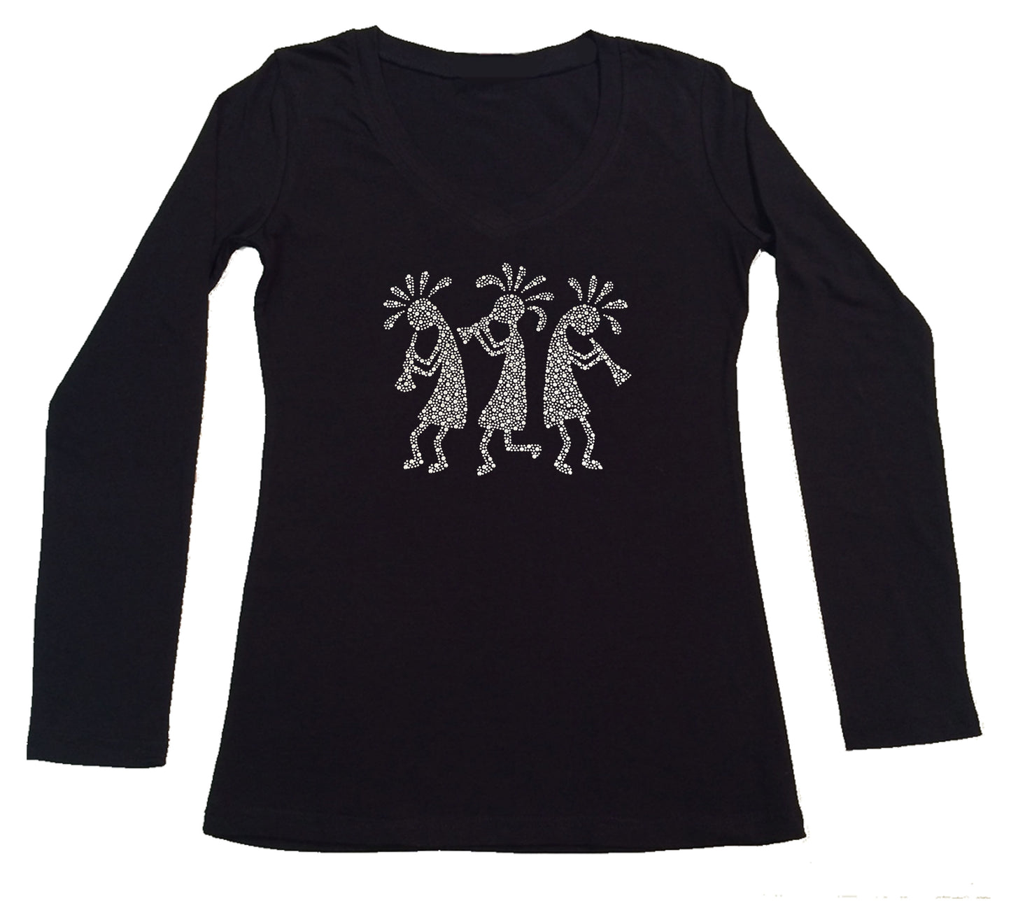 Womens T-shirt with Silver Kokopelli in Rhinestuds