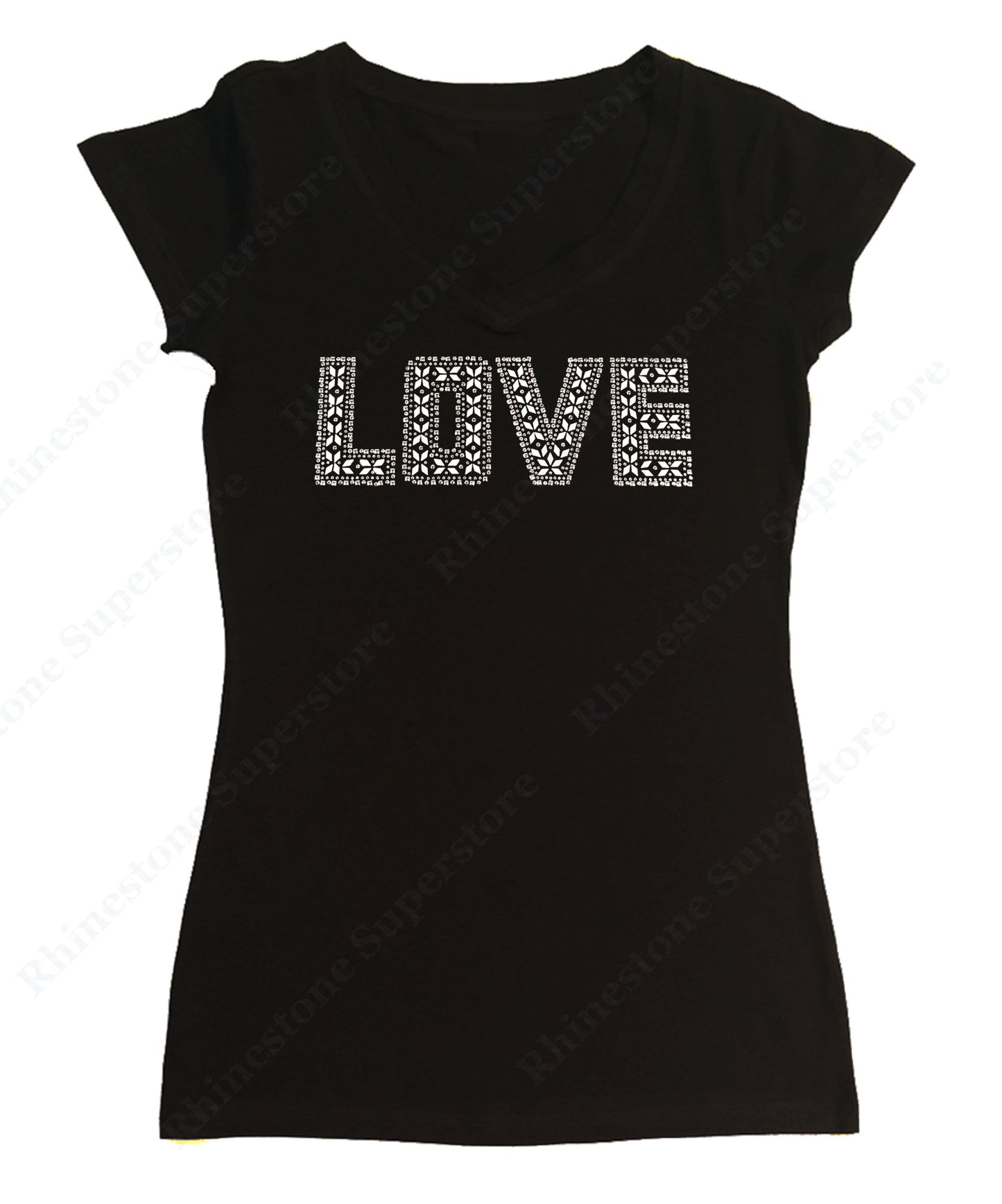 Womens T-shirt with Silver Love in Rhinestuds