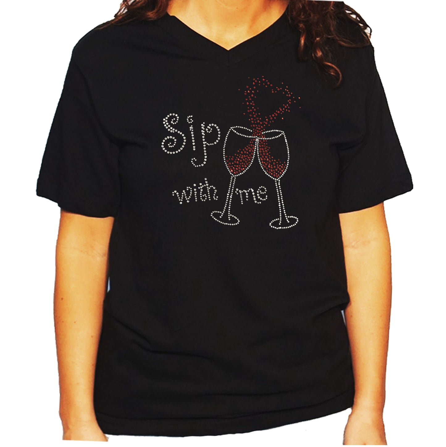 Women's / Unisex T-Shirt with Sip with Me Wine Cups with Heart in Rhinestones