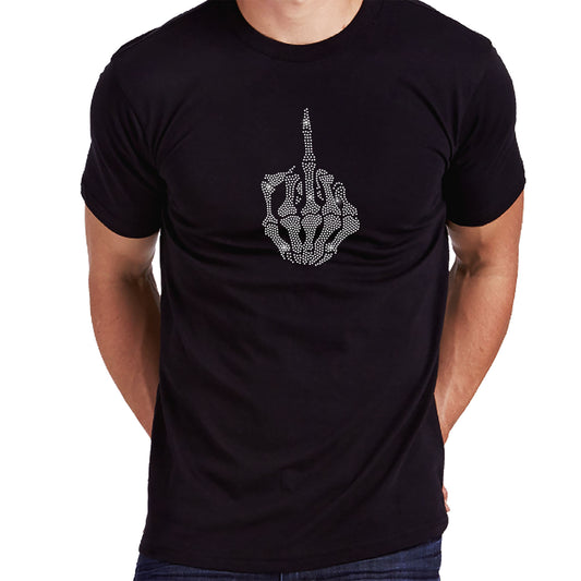 Men's Rhinestone T-Shirt with " Skeleton Hand Middle Finger "