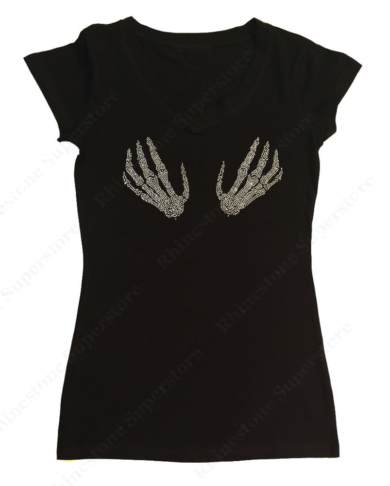 Womens T-shirt with Skeleton Hands in Rhinestones