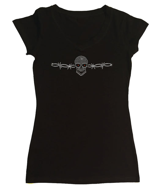 Womens T-shirt with Skull with Barbwire  in Rhinestones