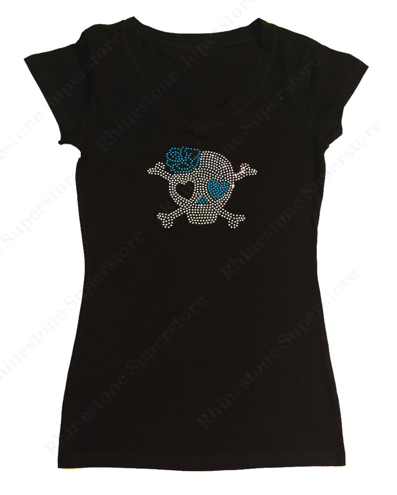 Womens T-shirt with Skull with Blue Rose in Rhinestones